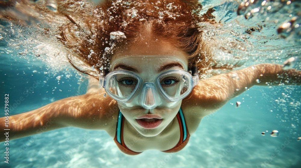 Naklejka premium A young swimmer explores underwater, showcasing the joy of aquatic activities.