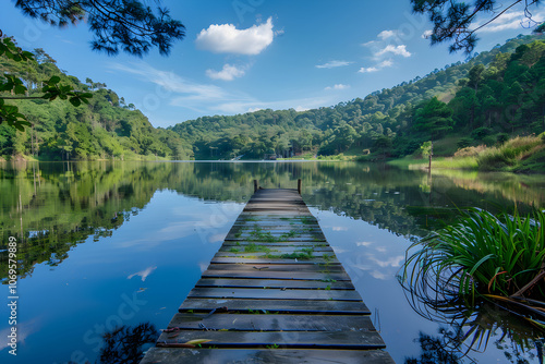 Idyllic Tranquil Lake with Reflection of Lush Greenery and Sky, Framed by Trees and an Old Wooden Dock