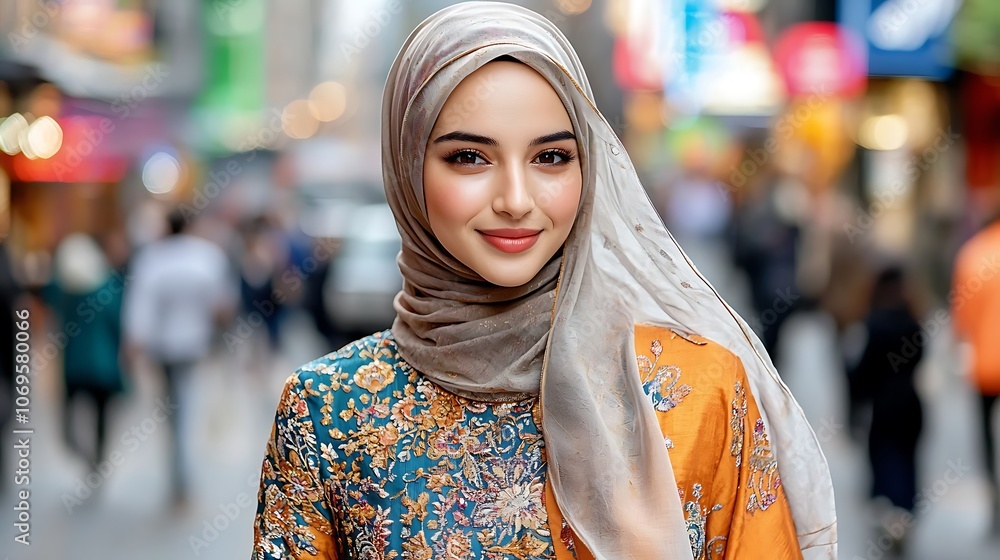 A Middle Eastern woman in vibrant, intricately embroidered traditional attire with a flowing hijab A Middle Eastern woman in vibrant, intricately embroidered traditional attire with a flowing hijab