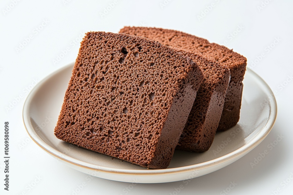 Three slices of chocolate cake on a white plate Three slices of chocolate cake on a white plate