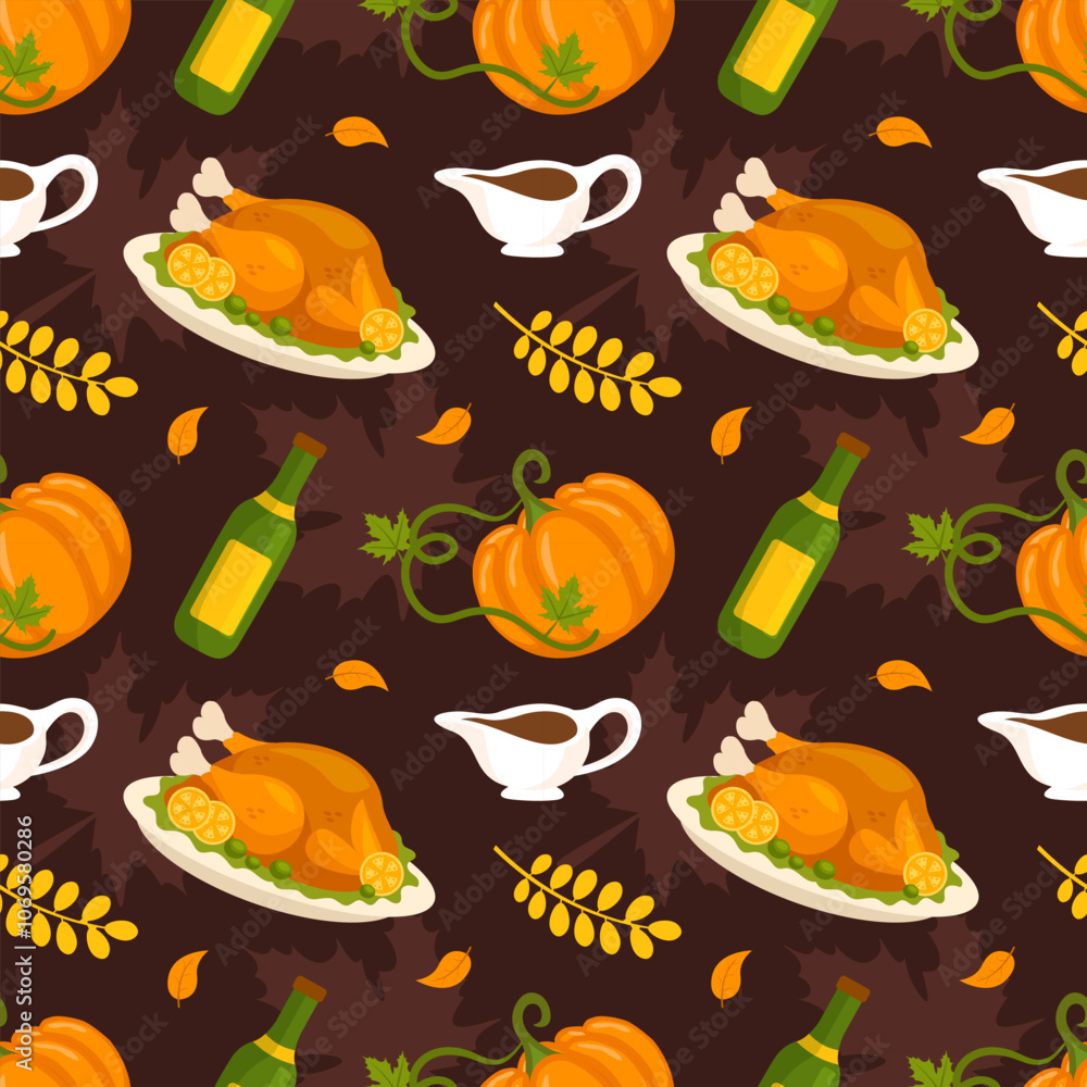 Festive Thanksgiving Day Seamless Pattern Template featuring Vibrant Flat Style Cartoon Elements for Seasonal Designs and Holiday Decorations Festive Thanksgiving Day Seamless Pattern Template featuring Vibrant Flat Style Cartoon Elements for Seasonal Designs and Holiday Decorations