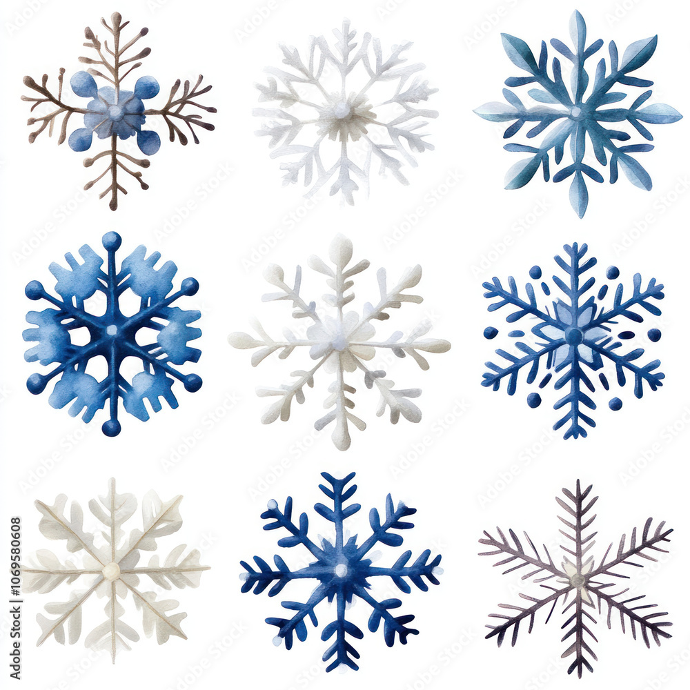 Fototapeta premium Beautiful watercolor snowflakes in various designs and shades of blue and white create serene winter atmosphere. Perfect for seasonal decorations or crafts