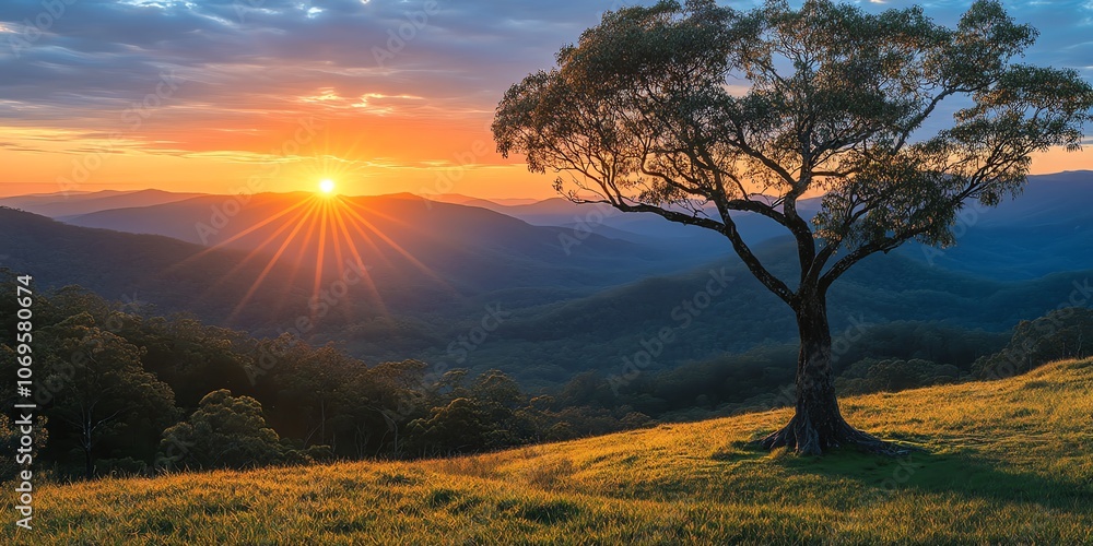 A lone tree stands tall on a hilltop overlooking a breathtaking sunrise over a mountainous landscape. A lone tree stands tall on a hilltop overlooking a breathtaking sunrise over a mountainous landscape.