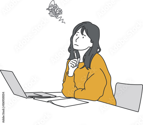 ノートパソコンの前で悩む女性のシンプルイラスト