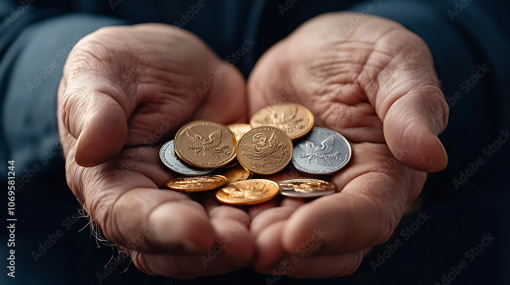 Honoring veterans day a closeup of an army veteran's hands holding military medals Honoring veterans day a closeup of an army veteran's hands holding military medals