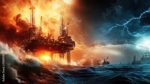 Oil and gas industry concept as a group of offshore oil and gas production petroleum pipeline with dramatic sky background.