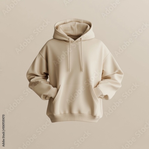 Blank beige hoodie mockup, front view. 3d rendering.