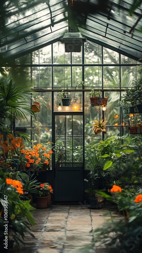 A lush greenhouse with vibrant greenery and orange flowers. Sunlight streams through the glass roof, illuminating the plants.