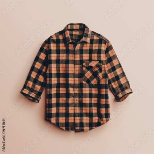 Stylish checkered shirt on a pink background. Flat lay, top view.