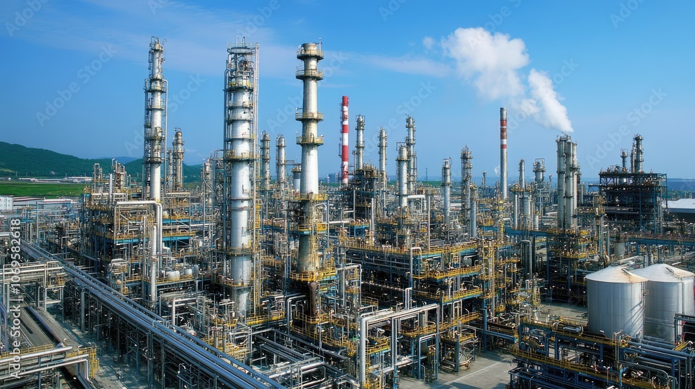 Industrial Complex with Towers and Pipes Under Blue Sky Industrial Complex with Towers and Pipes Under Blue Sky