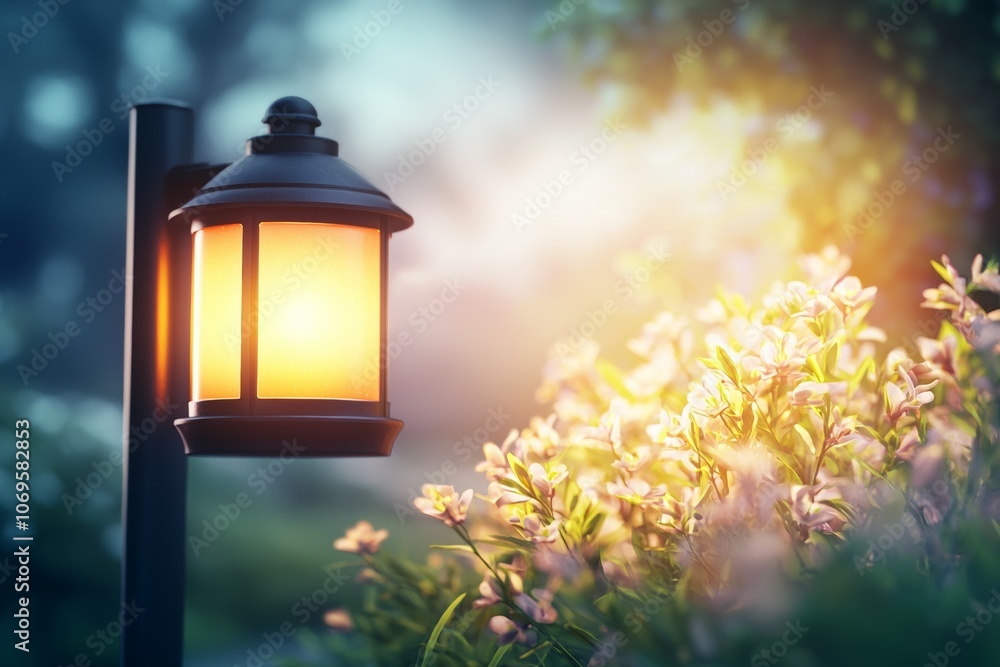A lamp post with a light shining on a field of flowers A lamp post with a light shining on a field of flowers