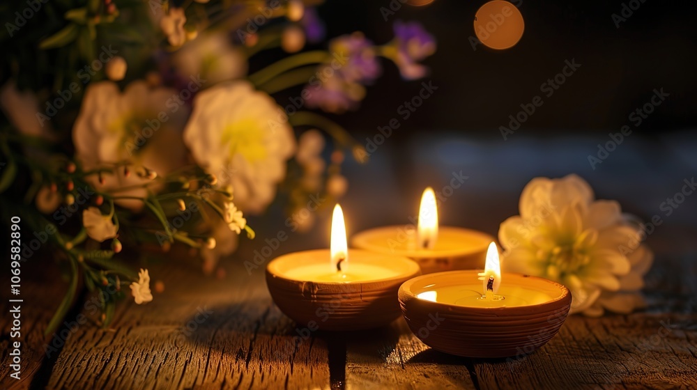 Oil Lamps and Flowers for Diwali - a festive and charming visual. The oil lamps and flowers for Diwali create a warm and inviting look. It gives the impression of a traditional celebration, making it Oil Lamps and Flowers for Diwali - a festive and charming visual. The oil lamps and flowers for Diwali create a warm and inviting look. It gives the impression of a traditional celebration, making it