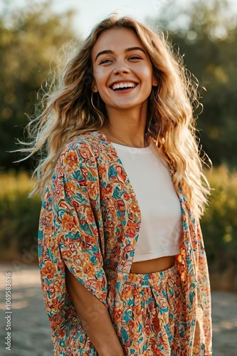 A cheerful young woman smiling warmly, outdoors, with natural lighting highlighting her joyful expression and femininity 