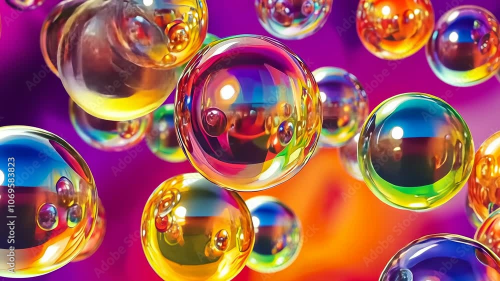 Colorful bubbles reflect vivid lights on a dynamic purple background, creating a playful and surreal visual effect. The scene evokes themes of joy and fantasy. Colorful bubbles reflect vivid lights on a dynamic purple background, creating a playful and surreal visual effect. The scene evokes themes of joy and fantasy.
