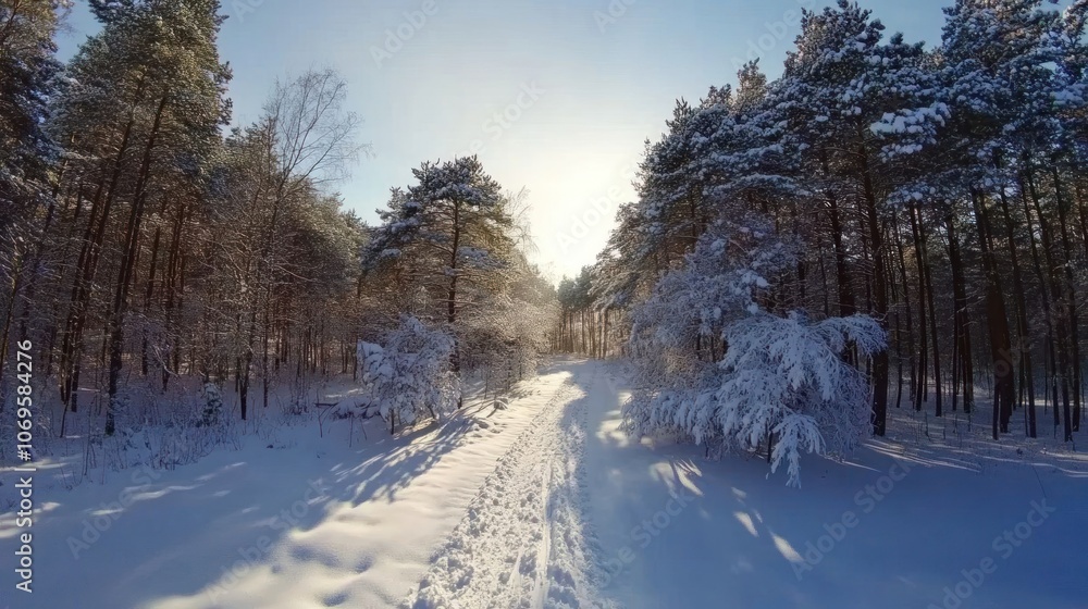 A serene winter landscape featuring a snow-covered path through a forest of pine trees. A serene winter landscape featuring a snow-covered path through a forest of pine trees.