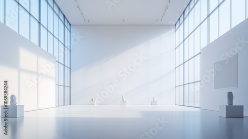 Art gallery with large windows, showcasing minimalist sculptures, tranquil light. AI generated