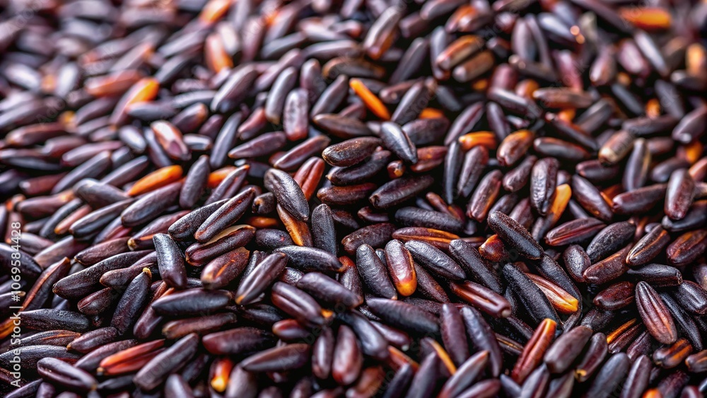Black rice grain, rough and textured, under a lens. Black rice grain, rough and textured, under a lens.