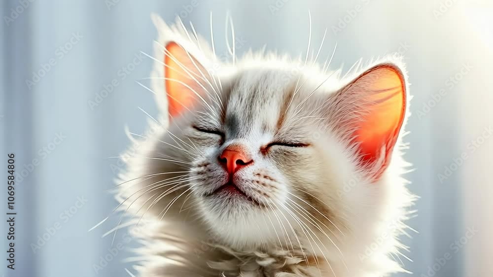 A young white kitten squints blissfully in soft sunlight, its furry face radiating comfort and peace. The serene setting suggests a lazy day and purity, projecting an aura of tranquil domestic life. A young white kitten squints blissfully in soft sunlight, its furry face radiating comfort and peace. The serene setting suggests a lazy day and purity, projecting an aura of tranquil domestic life.