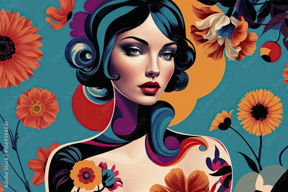Stylish Abstract Female Form in Retro 70s Floral Aesthetics with Exploratory Themes and Bold Palettes Stylish Abstract Female Form in Retro 70s Floral Aesthetics with Exploratory Themes and Bold Palettes