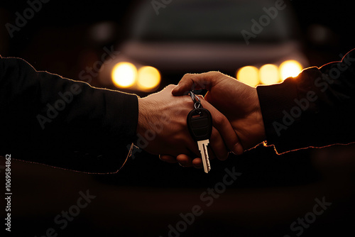 Trustworthy Exchange of Car Keys Between Two Hands Representing Ownership and Commitment photo