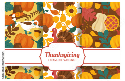 Festive Thanksgiving Day Seamless Pattern Template featuring Vibrant Flat Style Cartoon Elements for Seasonal Designs and Holiday Decorations