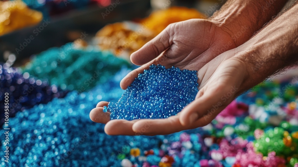 A hand is holding a handful of blue beads. The beads are in a variety of colors A hand is holding a handful of blue beads. The beads are in a variety of colors