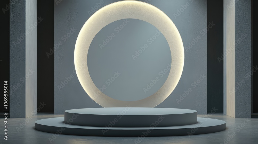 Minimalist Gray Room with Illuminated Oval and Circular Pedestal Minimalist Gray Room with Illuminated Oval and Circular Pedestal