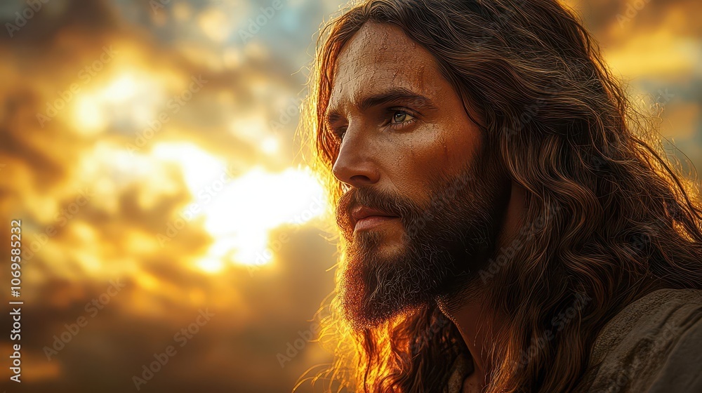 jesus christ depicted as the savior of mankind in a reverent and serene banner, emphasizing deep faith and spirituality with soft, divine lighting and a peaceful atmosphere