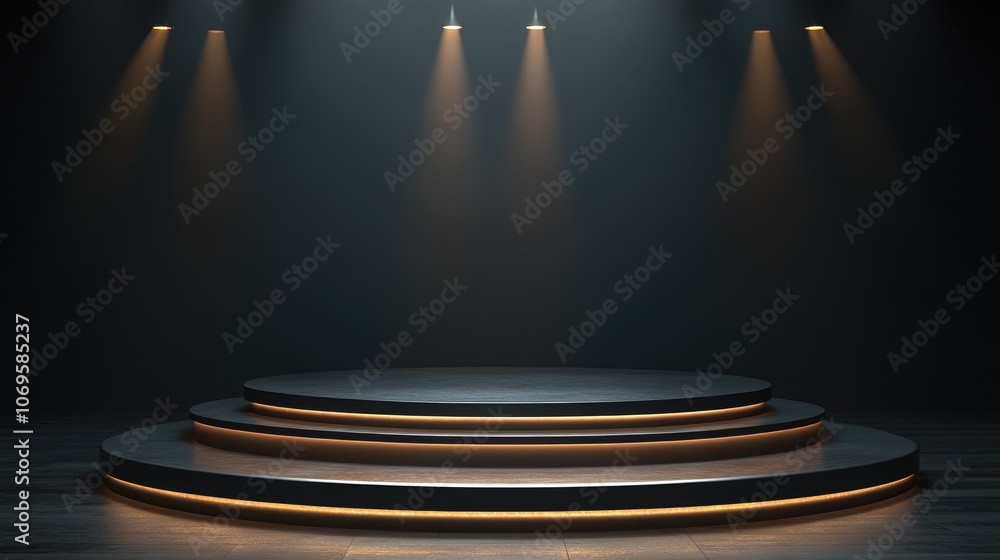 Obraz premium Illuminated Circular Platform with Three Steps and Spotlights