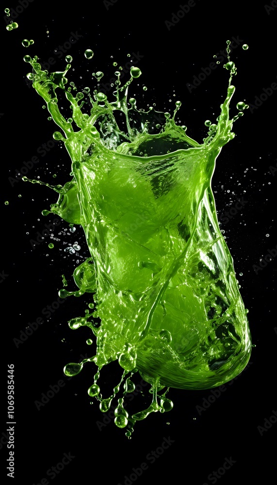 A dynamic splash of green liquid in a glass against a black background. A dynamic splash of green liquid in a glass against a black background.