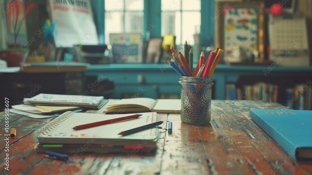 Naklejka premium Creative Workspace with Colorful Pens
