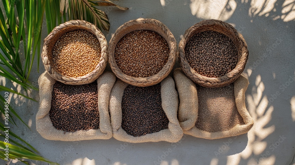 Diverse Coffee Beans in Natural Baskets and Sacks Diverse Coffee Beans in Natural Baskets and Sacks