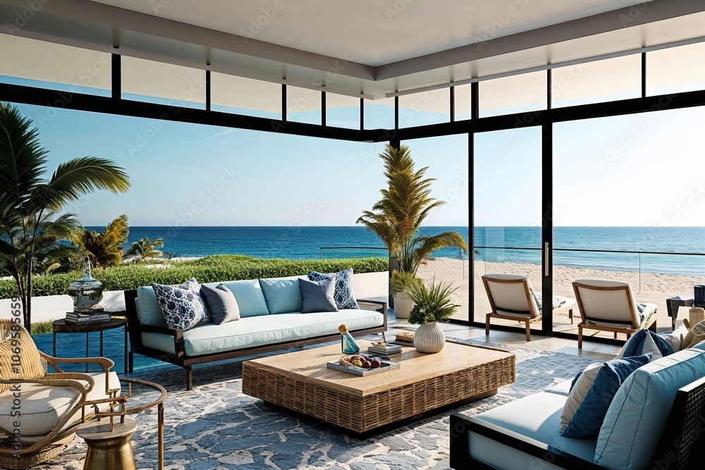Fototapeta premium Elite Beachfront 3D Rendering of Stylish Coastal Living Area with Ocean Views and Designer Decor