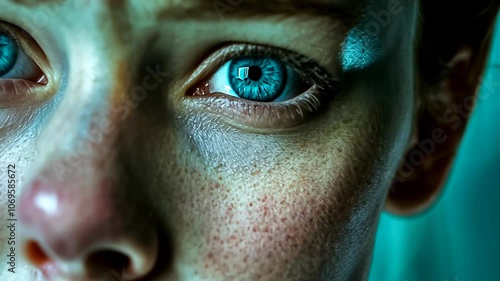 An intense close-up of a young Caucasian woman with striking blue eyes, freckled skin, and an emotional gaze. She offers a raw display of anguish or determination, deepened by the dramatic lighting