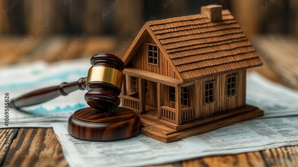 judge's gavel poised over a miniature house model, symbolizing real estate law and investment, set against a backdrop of legal documents and financial charts judge's gavel poised over a miniature house model, symbolizing real estate law and investment, set against a backdrop of legal documents and financial charts