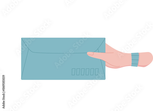Envelope held by hand, symbolizing mail and message for correspondence. Flat style design, ideal for creative projects, stationery themes, and invitations.