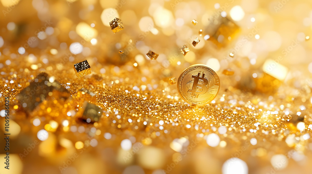 Golden Bitcoin on Glitter Background - 3D Illustration
