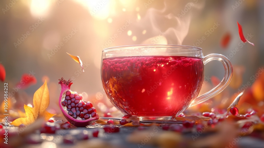 A Glass of Pomegranate Tea with Autumn Leaves and a Pomegranate Slice A Glass of Pomegranate Tea with Autumn Leaves and a Pomegranate Slice