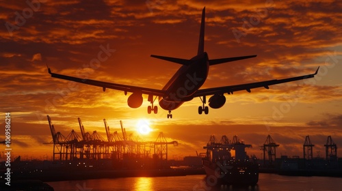 Silhouette of a landing airplane against a vibrant sunset over an industrial port, highlighting travel and industry themes. photo