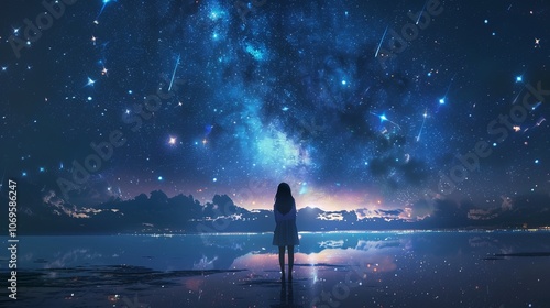 A woman stands on a beach looking up at the stars