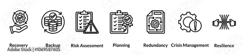 Business Continuity line icon set. Recovery, Backup, Risk Assessment, Planning, Redundancy, Crisis Management, Resilience