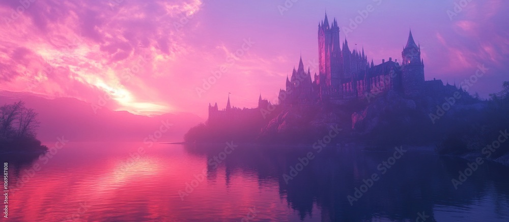 A fairytale castle with tall spires sits on a hill overlooking a still lake at sunrise. The sky is a vibrant pink and orange, creating a magical atmosphere. A fairytale castle with tall spires sits on a hill overlooking a still lake at sunrise. The sky is a vibrant pink and orange, creating a magical atmosphere.