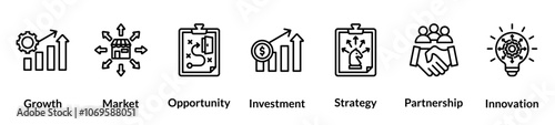 Business Expansion line icon set. Growth, Market, Opportunity, Investment, Strategy, Partnership, Innovation