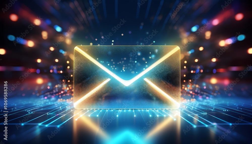 A vibrant digital representation of an envelope symbol, illuminated by colorful lights against a tech-inspired background. A vibrant digital representation of an envelope symbol, illuminated by colorful lights against a tech-inspired background.