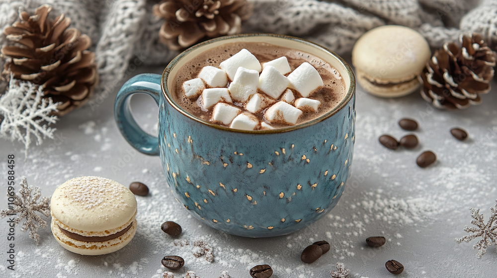 Cup of hot chocolate with marshmallows surrounded by Christmas decorations. Blue cup. Cup of hot chocolate with marshmallows surrounded by Christmas decorations. Blue cup.