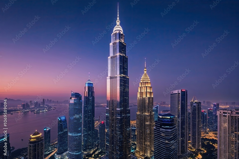 Naklejka premium Resplendent High-Rise Skyscraper with Twilight Reflections in a Modern Metropolis View