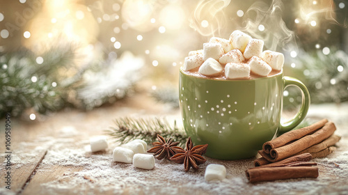 Wallpaper Mural Cup of hot chocolate with marshmallows surrounded by Christmas decorations. Green mug. Torontodigital.ca