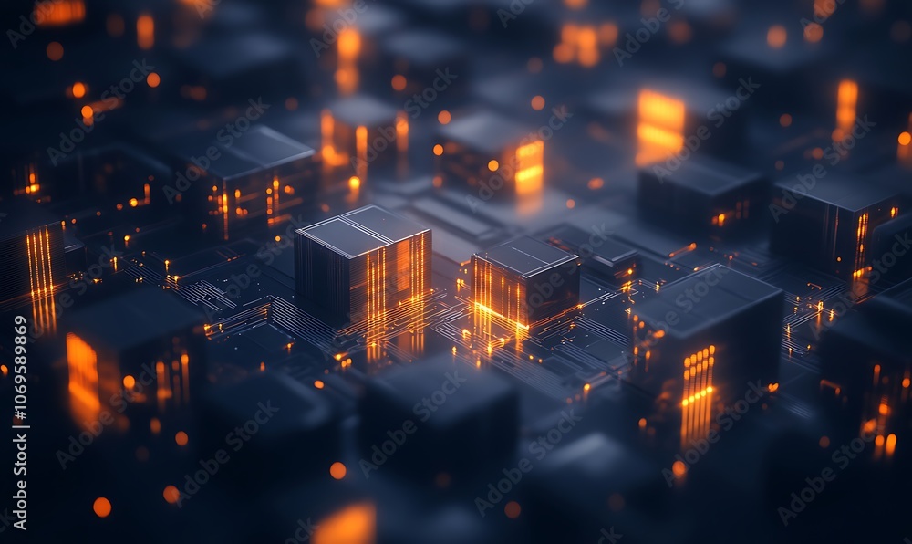 Fototapeta premium A digital landscape featuring glowing circuitry with interconnected blocks, emphasizing technology and innovation.