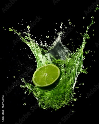 A lime slice splashes into vibrant green liquid, creating dynamic water droplets.