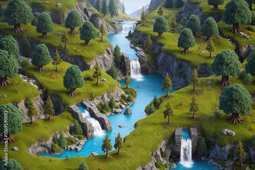 Isometric Valley Landscape with Wild Hills, Groves, Brooks, and Waterfalls photo